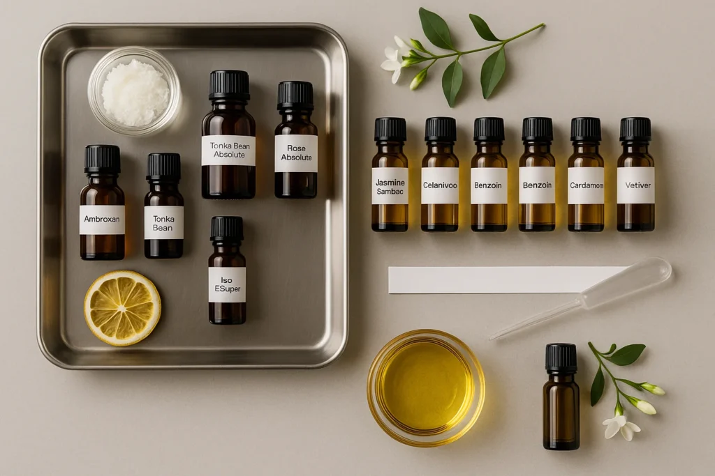 Viales etiquetados con materias primas perfumísticas