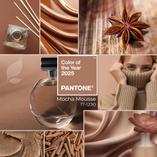 Collage de tendencias visuales 2025 con el color del año Pantone Mocha Mousse 17-1230